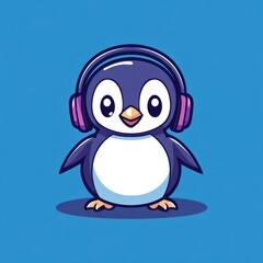 Obraz premium Penguin with headphones on blue background, good for social media or kids content