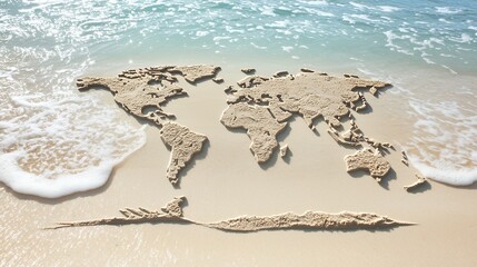 World Map Drawn in Sand on a Beach, Global Travel Concept