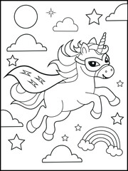 Superhero Unicorn Coloring Page for Kids. A Fun and Printable Black and White Activity Sheet for Kindergarten.
