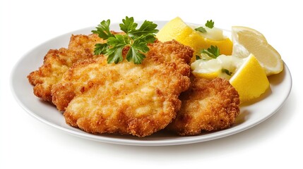 Delicious traditional German schnitzel meat with lemon slices on a plate isolated on white background