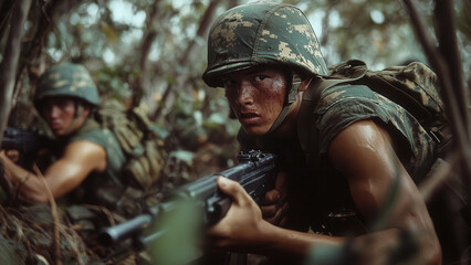 Fototapeta premium Group of army soldiers engaging in combat in jungle warfare