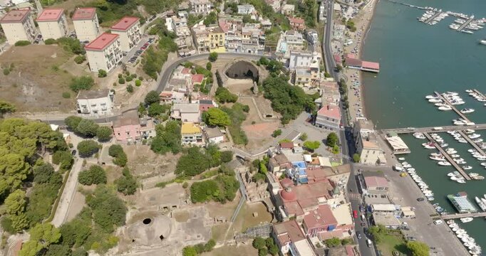 Aerial view of the temple of Diana located in the archaeological park of Baia, a hamlet of Bacoli, in the metropolitan city of Naples, in Campania, Italy. It was a thermal building.