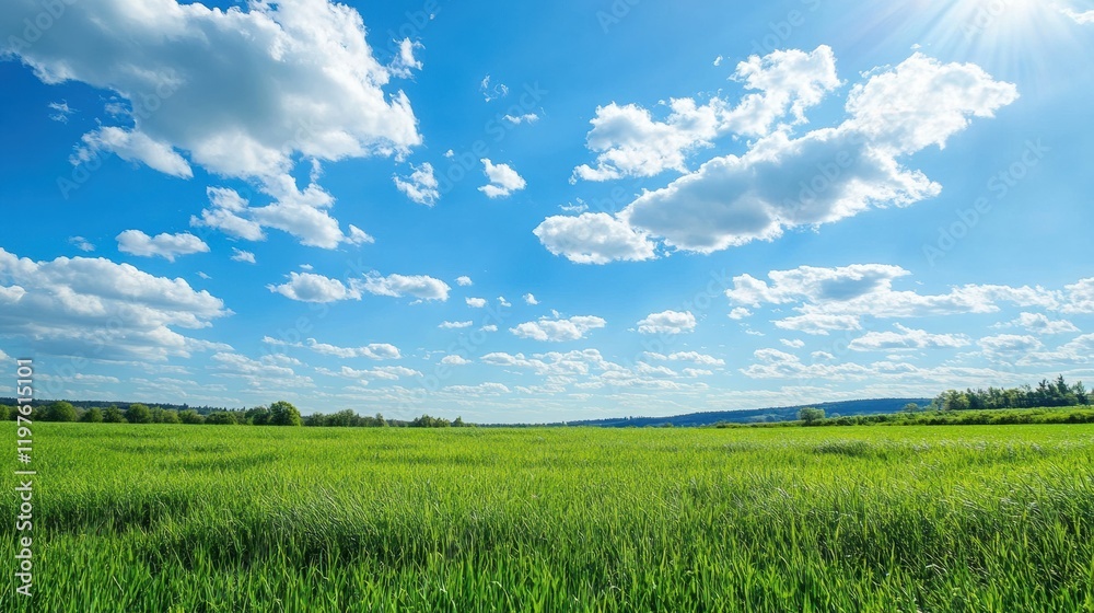 Aufkleber vast green field under a clear blue sky with fluffy clouds and bright sunlight illuminating the land