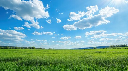 Fototapeta premium Vast green field under a clear blue sky with fluffy clouds and bright sunlight illuminating the landscape. Generative AI