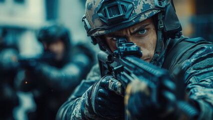 Special forces soldier aiming down sights of rifle gun, modern warfare conecpt background