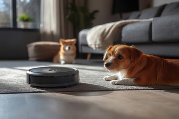 Dog Observing Robot Vacuum in Sunlit Living Room