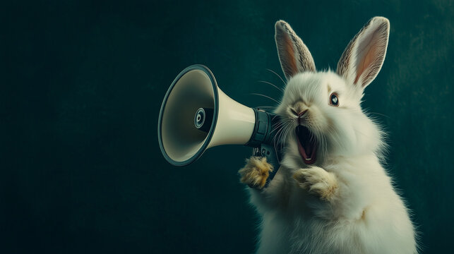 Cute Easter bunny holds a megaphone in its paws and shouts into the megaphone