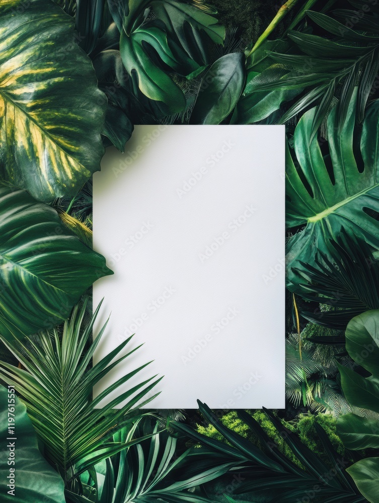 Fototapete Lush green leaves frame a blank piece of paper in a natural setting ideal for creative projects. Generative AI