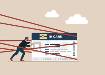 Man with ID card tied up with red tape trying to run away with full effort. Struggle with career obstacle, limitation and trap or personalities. Flat vector illustration.
