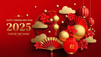 Naklejka premium Elegant Chinese New Year 2025 Celebration – Year of the Snake in Luxurious Red and Gold Design, New Lunar Year 2025