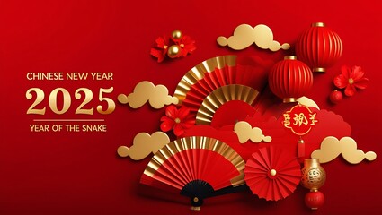 Elegant Chinese New Year 2025 Celebration &ndash; Year of the Snake in Luxurious Red and Gold Design, New Lunar Year 2025
