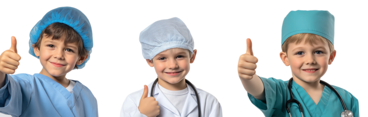  Four young boys wearing medical attire, one giving a thumbs-up gesture, in various poses and expressions, against a transparent background png