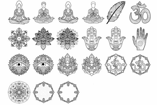 This is a beautifully curated set of black-and-white line art symbols representing themes of mindfulness, spirituality, and stillness. The collection includes meditating figures in lotus poses, intric