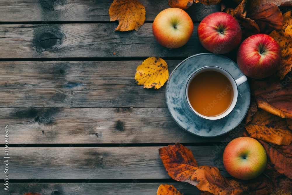 Aufkleber cozy autumn setup with a warm drink and fresh apples surrounded by colorful leaves. generative ai