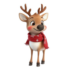 Cute Christmas reindeer wearing a red muffler stands cheerfully, ready to spread holiday joy, 3D Cute Christmas Reindeer with Red Muffler: Isolated realistic on transparent background