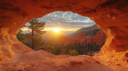 Canyon sunrise viewed from cave opening