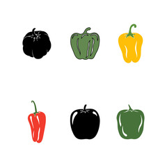 Simple, stylized silhouettes of different colored bell peppers (red, green, yellow, and black) are arranged on a plain white backdrop.