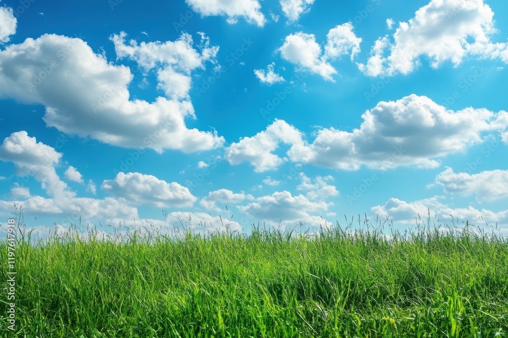 Poster vast green field under a bright blue sky with fluffy clouds during daytime in a tranquil outdoor set