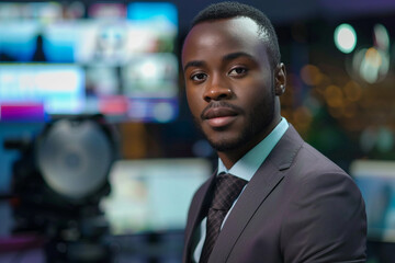 Fototapeta premium Generative AI professional male female Television Reporter in broadcast Studio with Camera