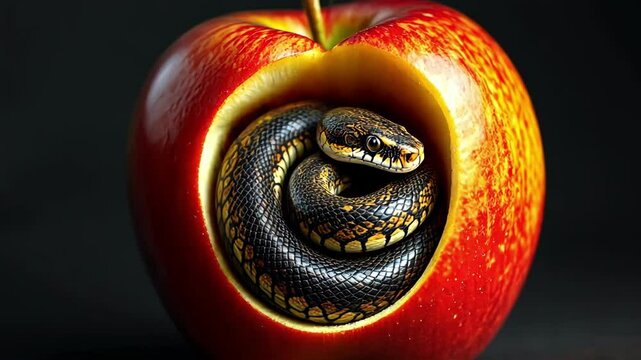 A snake curled inside a hollowed-out apple, creating a surreal and intriguing visual.