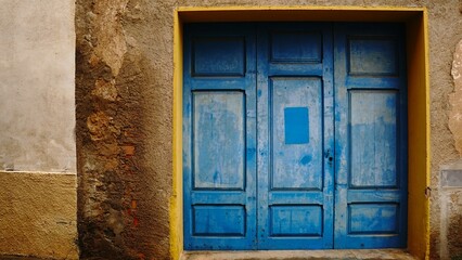 blue wooden door in rural urban facade