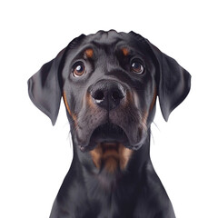 Adorable Rottweiler puppy portrait big eyes looking up cute dog breed black and tan fur soft focus background