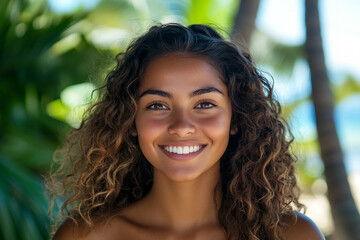 Fototapeta premium Generative AI illustration of woman enjoying trip in tropics