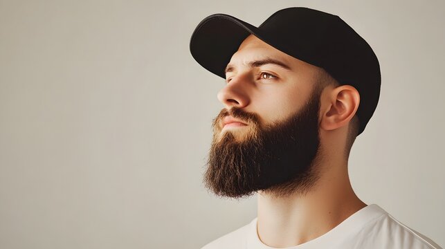 A bearded man wearing a black cap looks upward