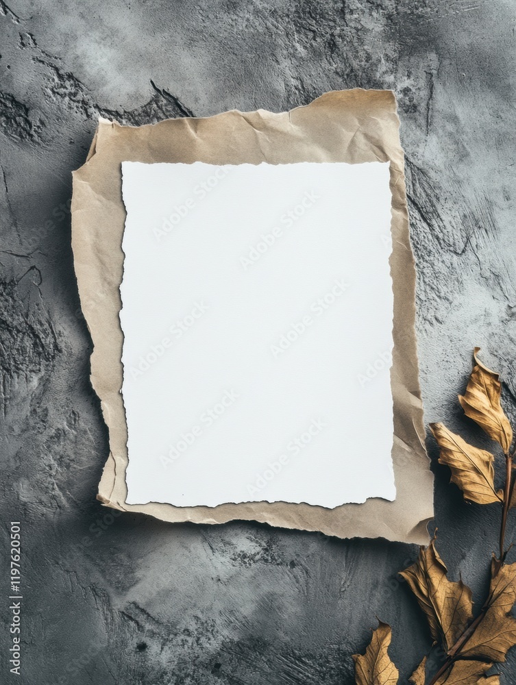 Leinwandbilder blank textured paper on a rustic gray background with dried leaves suitable for artistic presentatio