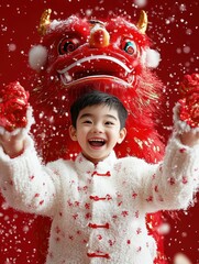 Little Dragon Dancer: A joyful young boy in a traditional white Chinese garment smiles brightly, arms outstretched, holding red envelopes as a red lion dance costume stands behind him.