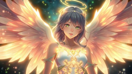 A radiant anime-style angel with luminous wings, a glowing halo, and soft green eyes, exuding divine beauty in a celestial setting.  
