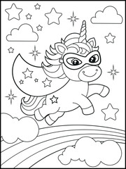 Superhero Unicorn Coloring Page for Kids. A Fun and Printable Black and White Activity Sheet for Kindergarten.
