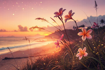 Tropical sunset with vibrant flowers, palm trees, and serene ocean waves, depicting a tranquil paradise. Ideal for travel, tourism, nature campaigns, or summer holiday promotions.