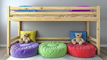 Cozy children s wooden bunk bed with colorful bedding and cuddly teddy bears for playful bedrooms