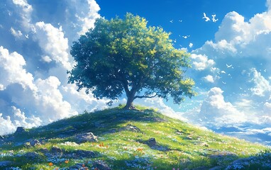 Lone Tree Hillside Wildflowers Spring Digital Art