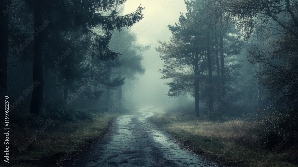 Leinwandbilder misty forest pathway offering ample space for text and creative copy ideas in a serene natural setti