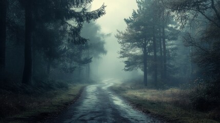 Fototapeta premium Misty forest pathway offering ample space for text and creative copy ideas in a serene natural setting. Generative AI