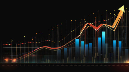 Abstract black background with Colorful charts and graphs with statistics to innovative analyze business potential and forecast future development of companies growth.