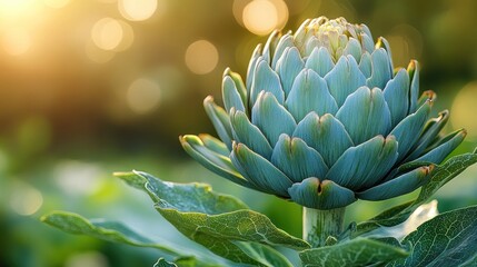 Fototapeta premium Close-up of a vibrant artichoke surrounded by lush greenery and soft sunlight in a garden setting