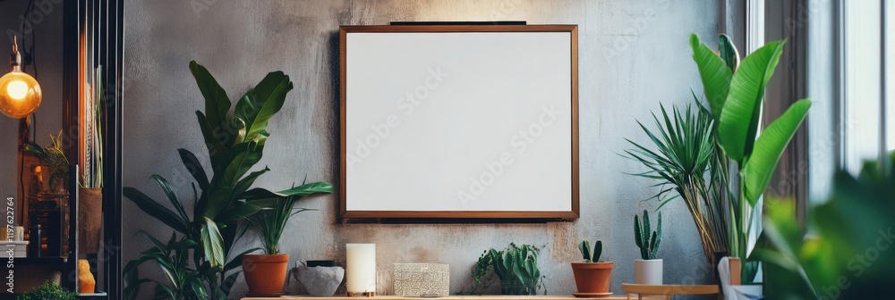Poster mock up space with blank frame against a decorated wall featuring indoor plants and warm lighting. g