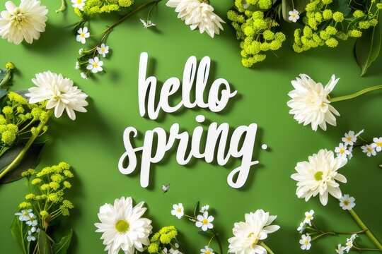 A green background with white flowers and hello spring phrase