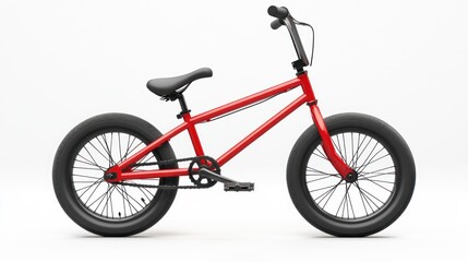 Red BMX bike, side view, isolated on white background.