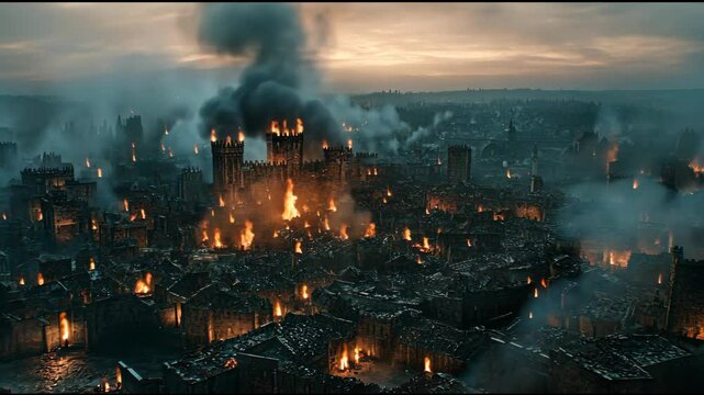 Dramatic cityscape engulfed in flames during nighttime with thick smoke filling the sky