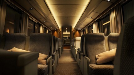 Luxurious train car interior at night, showing rows of comfortable seats with pillows.