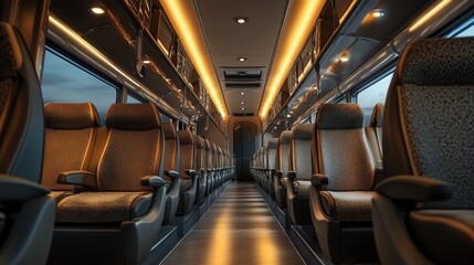 Luxurious bus interior with comfortable seating and warm lighting.