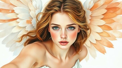 A stunning artistic portrayal of a young angel with soft golden wings, radiant skin, and a serene gaze, set against a light background.  

