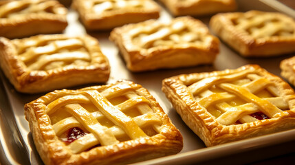 A clean ceramic tray of golden mini puff pastry pies with lattice tops and visible fruit fillings