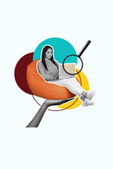 Trend artwork composite banner 3D photo collage of hand hold beanbag young woman work laptop lens...