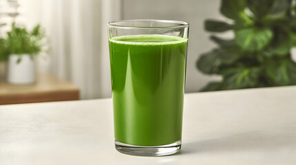 A clear glass of freshly brewed green juice with vibrant green tones, sitting on a plain light-colored countertop, minimal setup