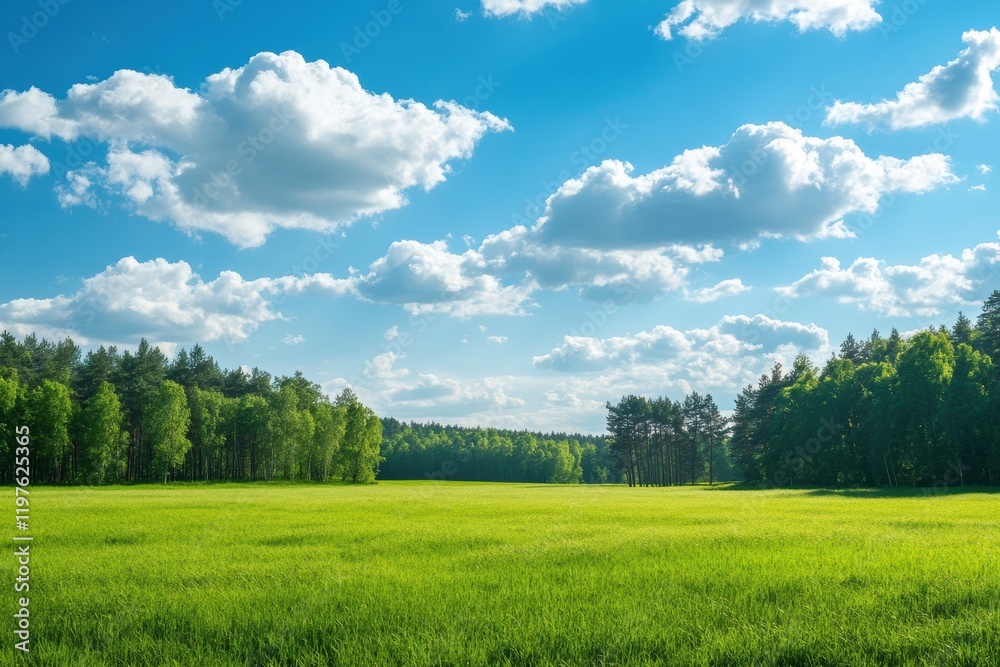 Poster open green field under a bright blue sky with fluffy clouds and distant trees in the landscape. gene